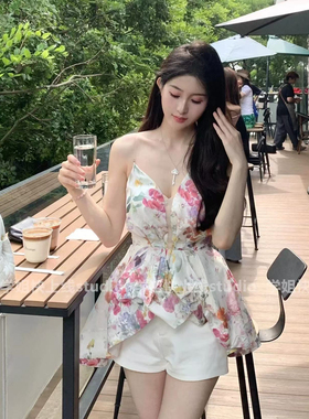 法式气质别致绝美纯欲深V印花吊带花苞鱼骨胸衣不规则设计上衣女