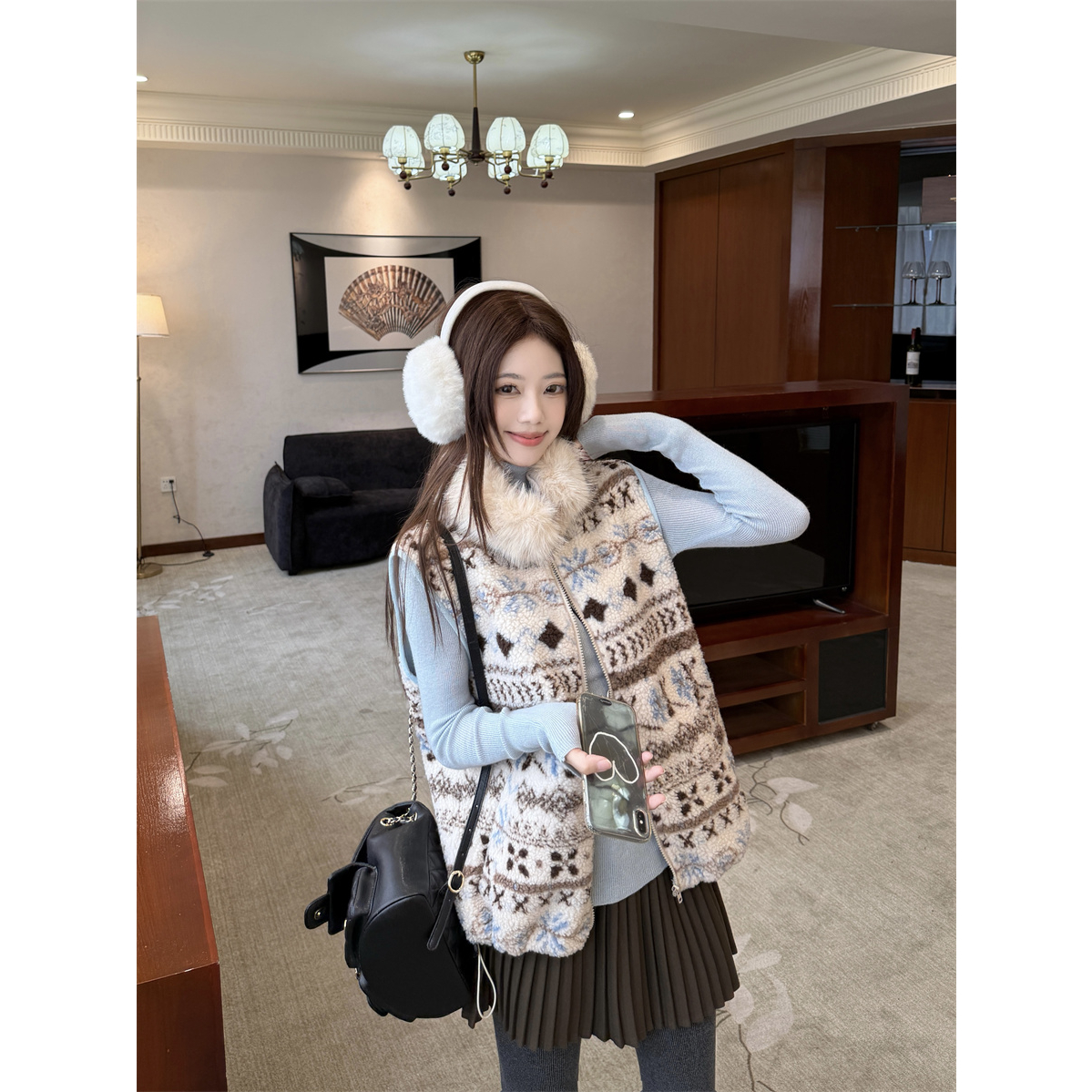 实拍~复古费尔岛毛领羊羔毛绒马甲背心外套