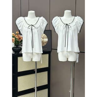 CEEYOU撞色系带抽领100莱赛尔小衫夏