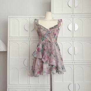 Chill巧儿花野迷踪碎花吊带连衣裙女荷叶边印花V领收腰短裙子