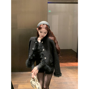 实拍实价 黑色短款小香风 毛毛拼接羊圈呢高级感名媛上衣毛呢外套