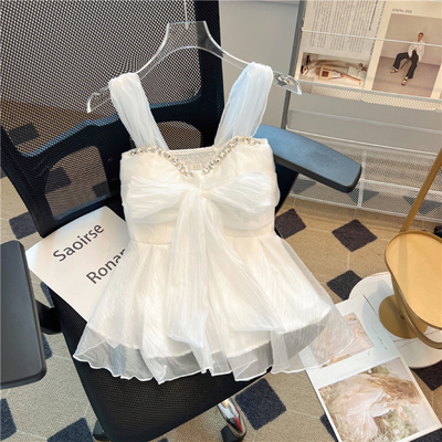 实拍~重工水钻吊带背心法式小众蝴蝶结收腰独特别致绝美上衣外穿