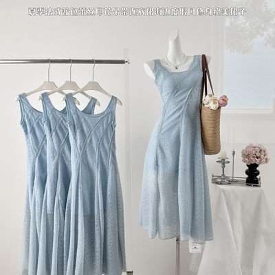 Barb Chill蓝色吊带连衣裙夏日绝美法式掐腰五一度假出游海边长裙