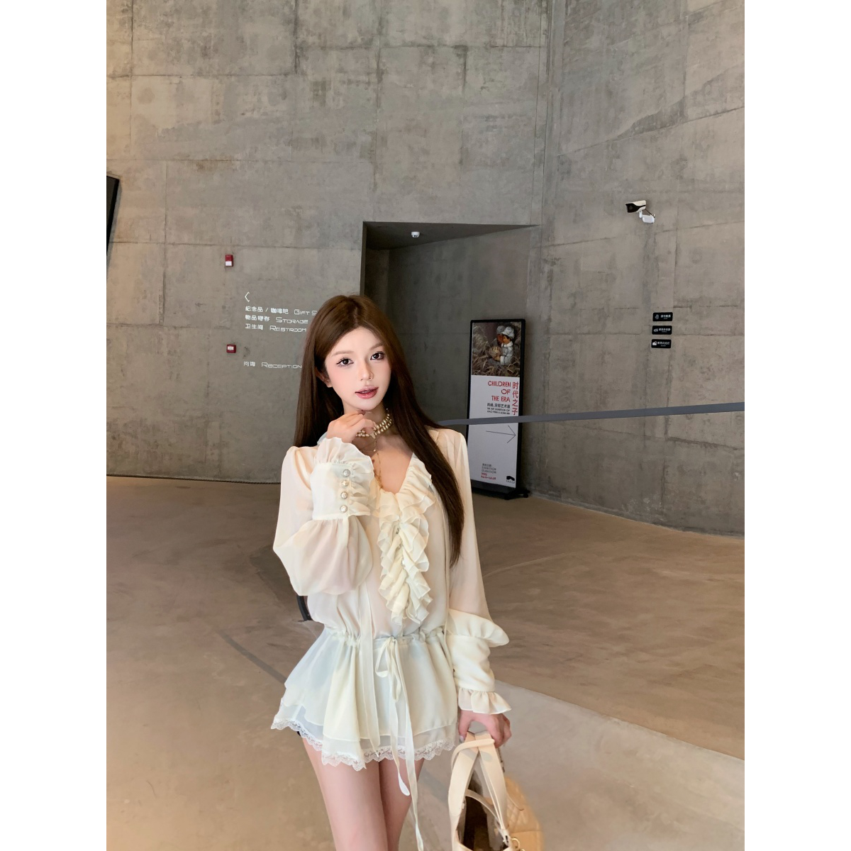 实价实拍  法式宫廷风雪纺衬衣气质长袖荷叶边上衣