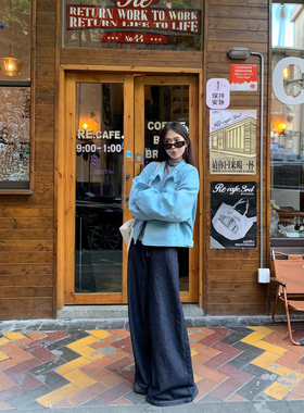 蓝色灯芯绒短款外套女秋季2024新款超好看拉链开衫设计感宽松夹克