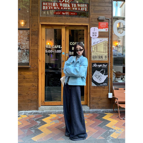 蓝色灯芯绒短款外套女秋季2024新款超好看拉链开衫设计感宽松夹克