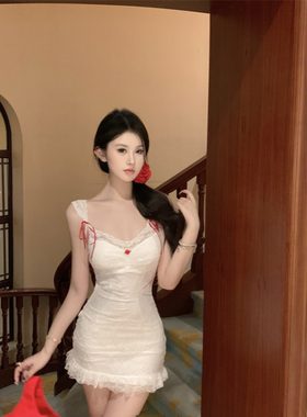 实拍实价  天使玫瑰 白色蕾丝吊带连衣裙夏季短款修身包臀裙