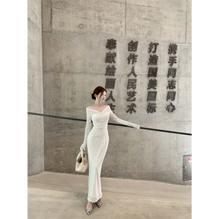 实拍 连衣裙蕾丝蝴蝶结气质开叉裙 媚娘优美一字肩V领长袖