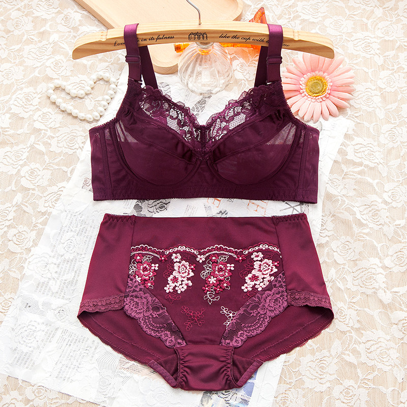 大胸显小全罩杯文胸套装胖MM胸罩侧收副乳红色本历年薄款大码内衣