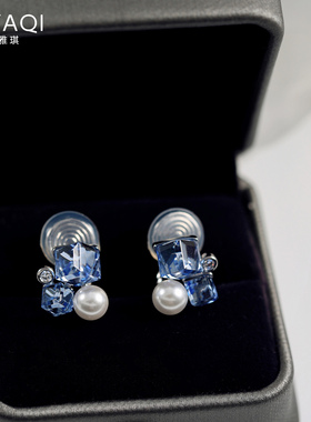 无耳洞个性蓝色方形珍珠一体式蚊香盘耳夹气质优雅耳钉女耳饰小众