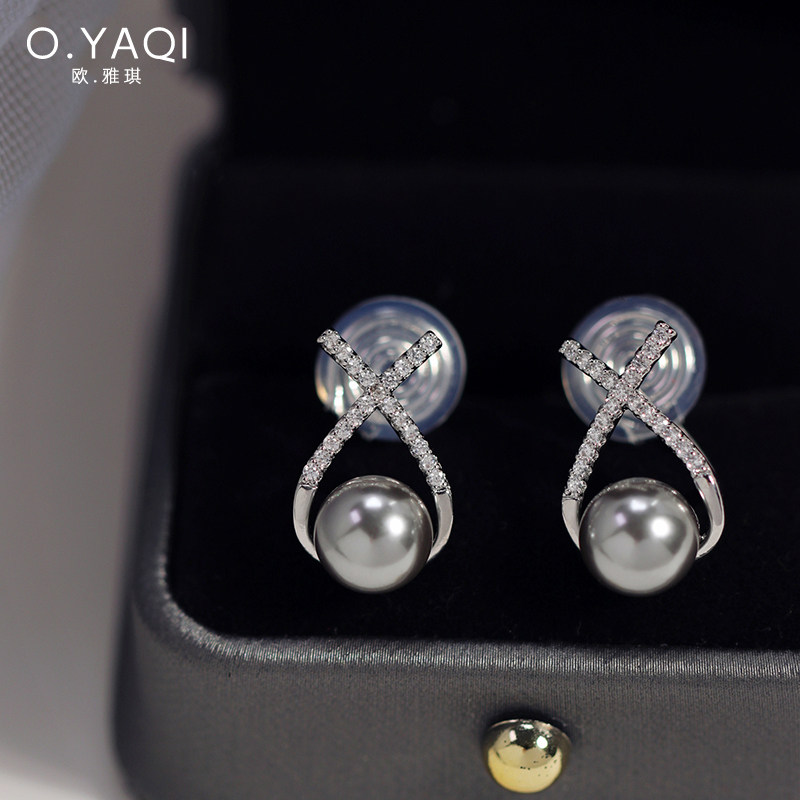 无耳洞微镶闪锆交叉灰珍珠蚊香盘耳夹气质OL高级感耳钉女耳饰,饰品/流行首饰/时尚饰品新,耳夹,淘宝优惠券,粉丝福利购,淘宝优惠卷