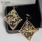 高级质感菱形亮片几何无耳洞蚊香盘耳夹气质925银钩耳环女晚宴会