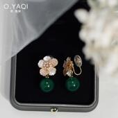 无耳洞复古祖母绿花朵蚊香盘耳夹闪锆轻奢耳钉高级感气质女耳饰