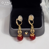 无耳洞新中式 复古喜福红玛瑙隐形蚊香盘耳夹国风银耳钩耳环女耳饰