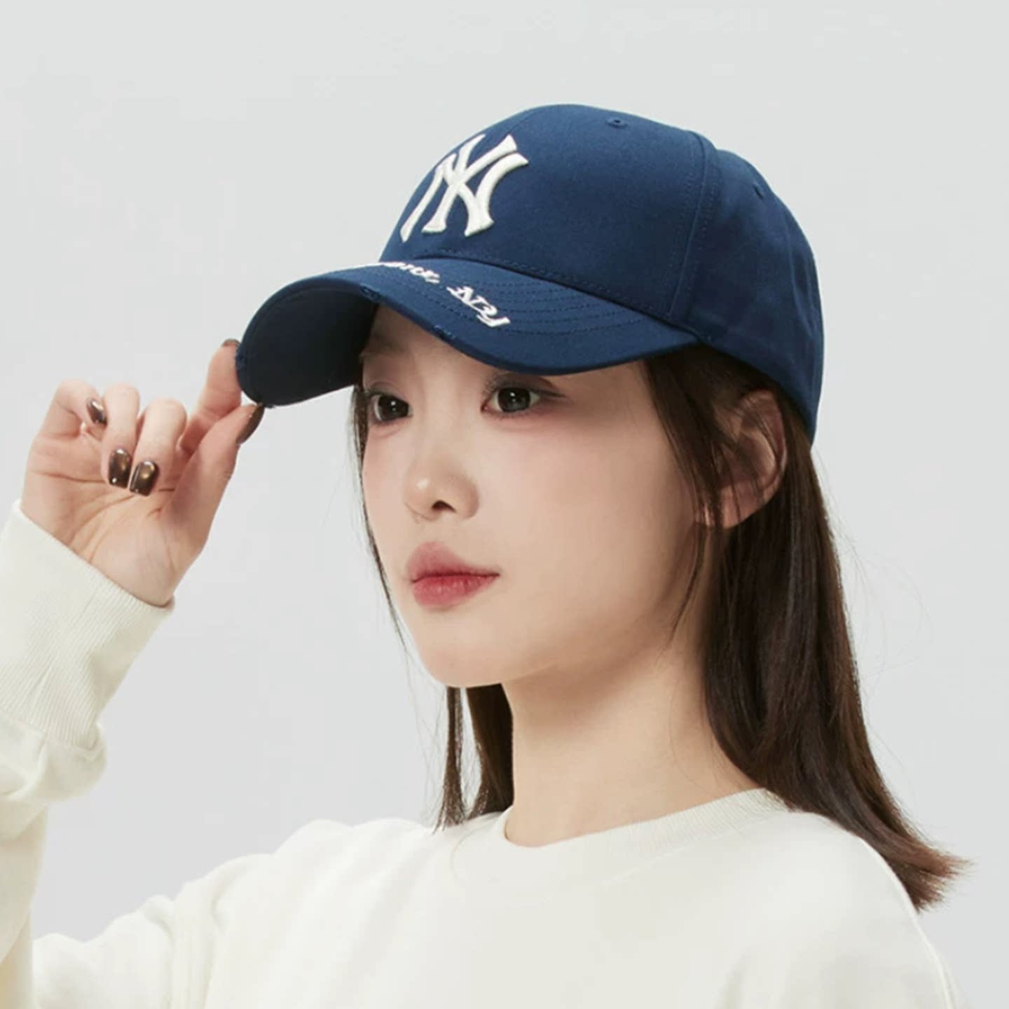 韩国MLB帽子刺绣磨破硬顶棒球帽男女情侣鸭舌帽NY标弯帽檐遮阳帽