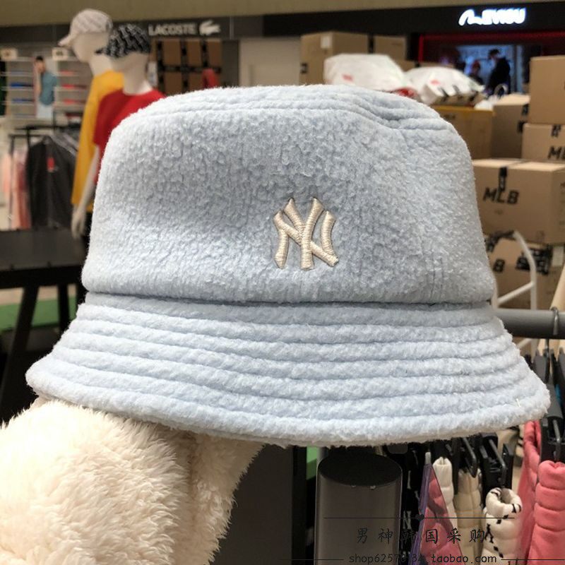 韩国MLB帽子NY洋基队保暖羊羔毛渔夫帽冬季新休闲盆帽字母男女帽