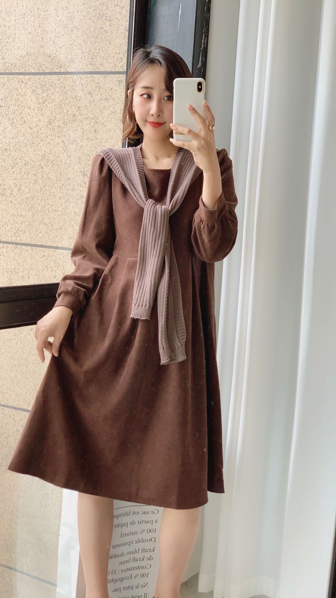秋款灯芯绒连衣裙女中长款宽松长袖韩版披肩两件套