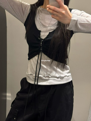 morethanyesterday Amy韩代 26fw 东大门 系带 叠穿 针织背心纯色
