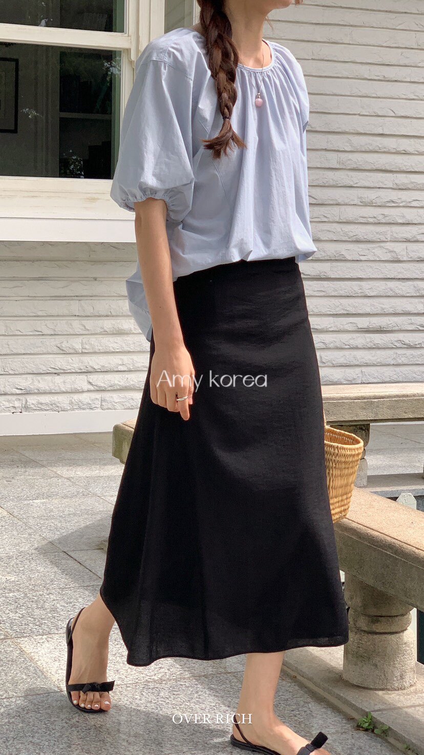 韩国东大门代购24夏季新款OVER RICH纯色微透半身长裙伞裙气质女