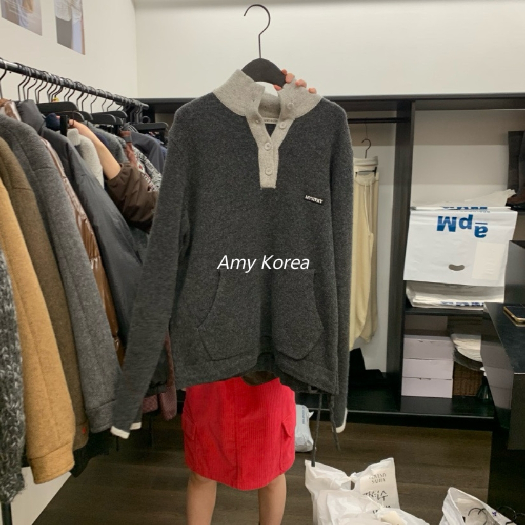 UNANSWERED Amy韩代 25fw 东大门 摇粒绒 拼色翻领半扣 套头卫衣