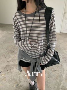 Arr Amy韩代 26早春 东大门 圆领条纹长袖t恤 洋气百搭休闲宽松