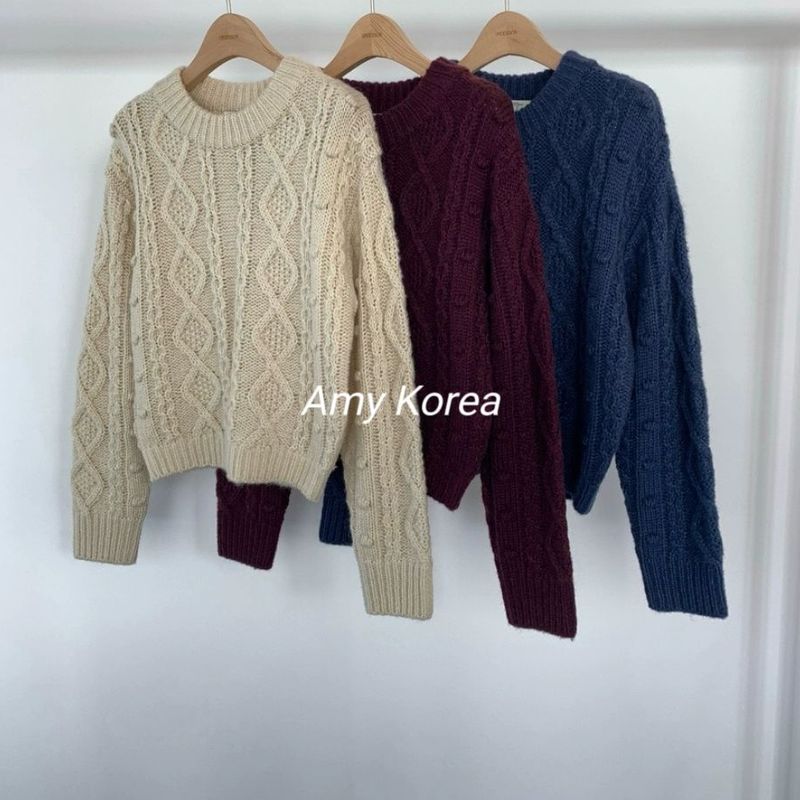 现～underson韩国东大门代购24冬季新款 圆领长袖套头麻花纹毛衣