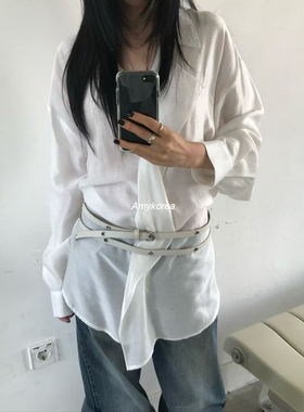 pado Amy韩代 25fw 东大门 洋气系带荷叶边 长袖衬衫 纯色百搭