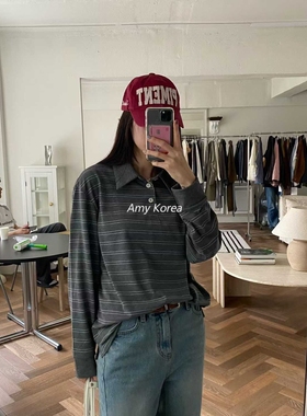 eter Amy韩代 25fw 东大门   条纹翻领 长袖T恤 休闲百搭