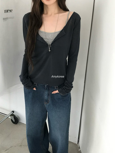 nuese Amy韩代 26早秋 东大门 纯色半开扣 长袖t恤 休闲百搭