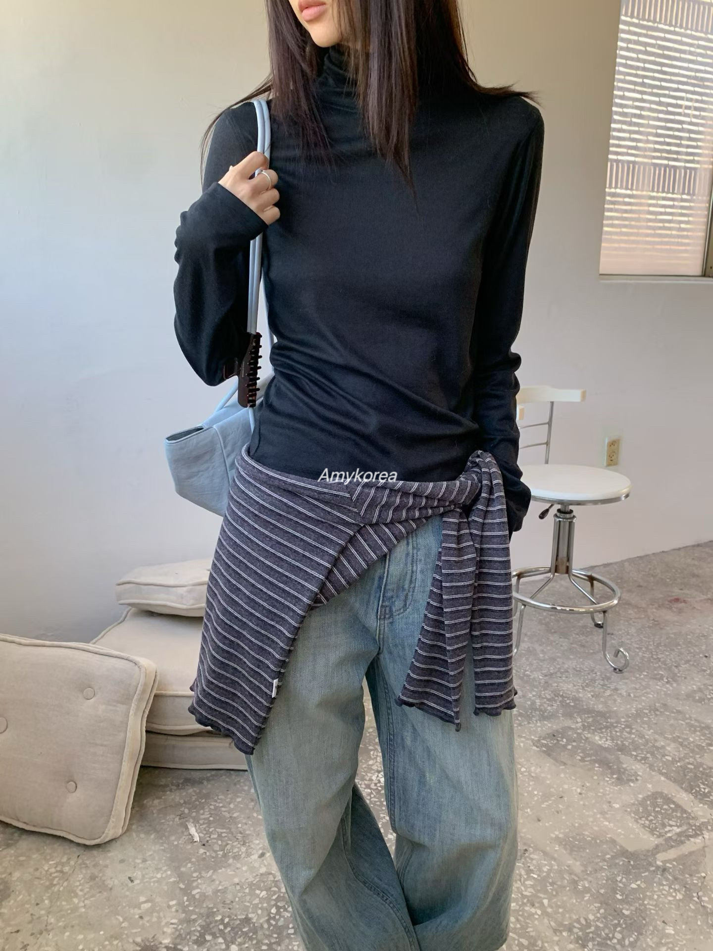 wearable Amy韩代 26fw 东大门 后背小开衩 高领长袖t恤 打底衫
