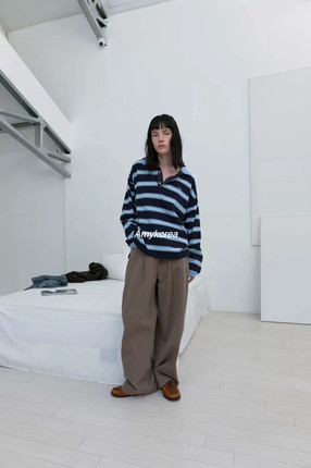 tempting Amy韩代 25早秋 东大门 条纹翻领 长袖T恤 休闲百搭