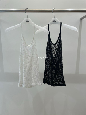 meet me Amy韩代 26早春 东大门 洋气挂脖露背 蕾丝针织背心 叠搭