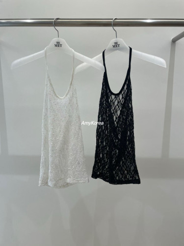 meet me Amy韩代 26早春 东大门 洋气挂脖露背 蕾丝针织背心 叠搭