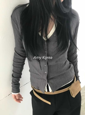 PADO Amy韩代 25fw 东大门 纯色 螺纹棉V领 系扣长袖打底T恤