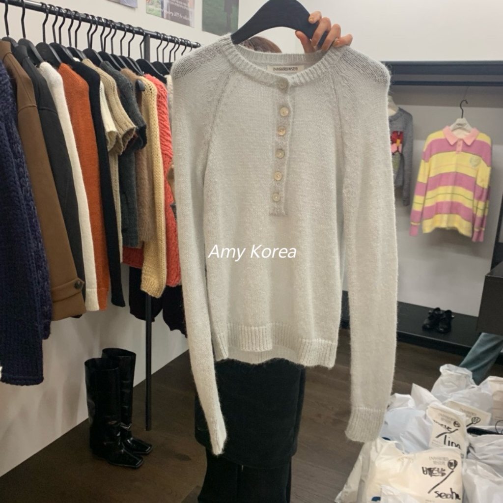 UNANSWERED Amy韩代 25fw 东大门 纯色半开扣 套头针织衫简约百搭