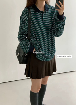 riveroom Amy韩代 25fw 东大门  条纹翻领 长袖t恤 百搭休闲
