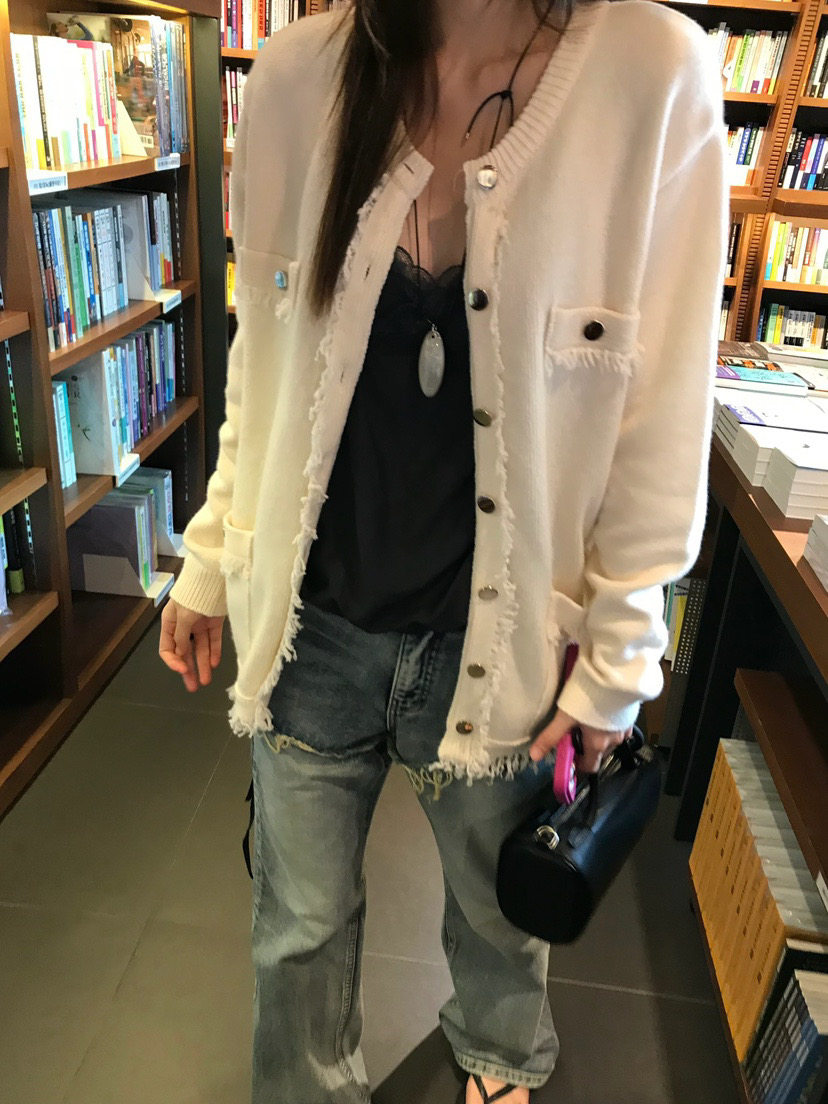 Escher Amy韩代 26fw 东大门 毛边小香 针织开衫 毛衣外套 宽松