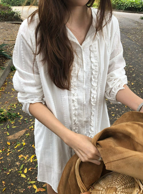 OVERTAKE Amy韩代 26早春 荷叶边 压褶 衬衫式系带连衣裙 纯色