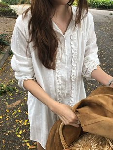 OVERTAKE Amy韩代 26早春 荷叶边 压褶 衬衫式系带连衣裙 纯色