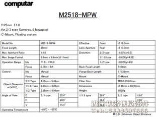 全新原装 MPW M2518 computar机器视觉镜头 可开13%增票