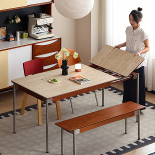 小万家具北欧日式洞石可伸缩岩板餐桌实木可折叠小户型饭桌餐桌椅