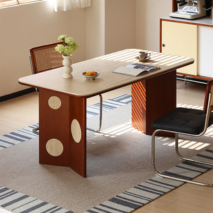 小万家具/中古风实木餐桌餐厅洞石岩板饭桌吃饭桌子家用桌椅组合