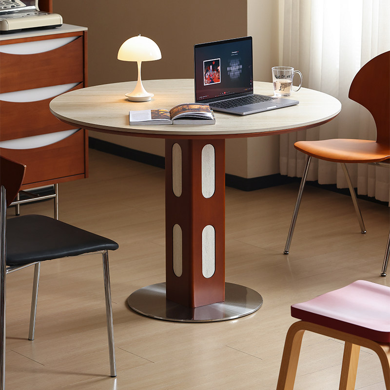 小万家具/中古岩板餐桌家用小户型洞石圆桌餐厅包豪斯餐桌椅组合