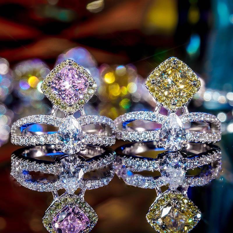 pt950铂金进口d色莫桑石皇冠戒指女黄钻镶嵌菱形水滴贵族优雅钻戒