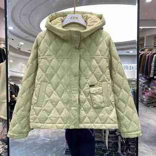 女装批发时尚菱形格休闲连帽短装羽绒服 欧货2025冬季连帽新款