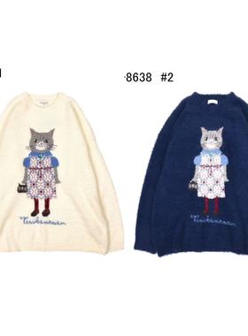 日本Kusuguru正品提花猫咪圆领毛衣套头休闲宽松舒适百搭8638