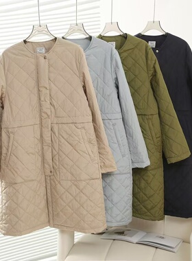 kusuguru绗缝棉衣中长风衣外套文艺百搭收腰显瘦休闲菱格7675