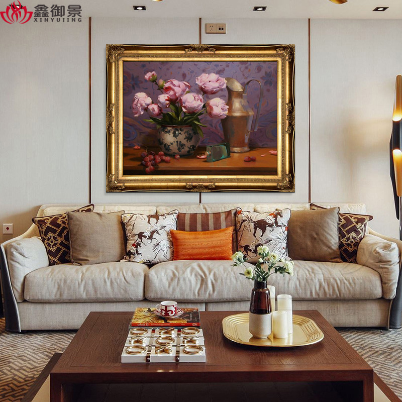 欧式纯手工有框画家居客厅餐厅玄关手绘简约装饰画静物瓶花卉油画