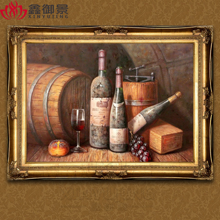 高档欧式装饰画餐厅有框画静物水果油画葡萄酒瓶纯手工绘制SG13