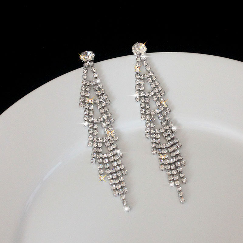 日韩独特水钻闪耀锆石个性长款气质流苏925银针耳坠女式时尚耳环
